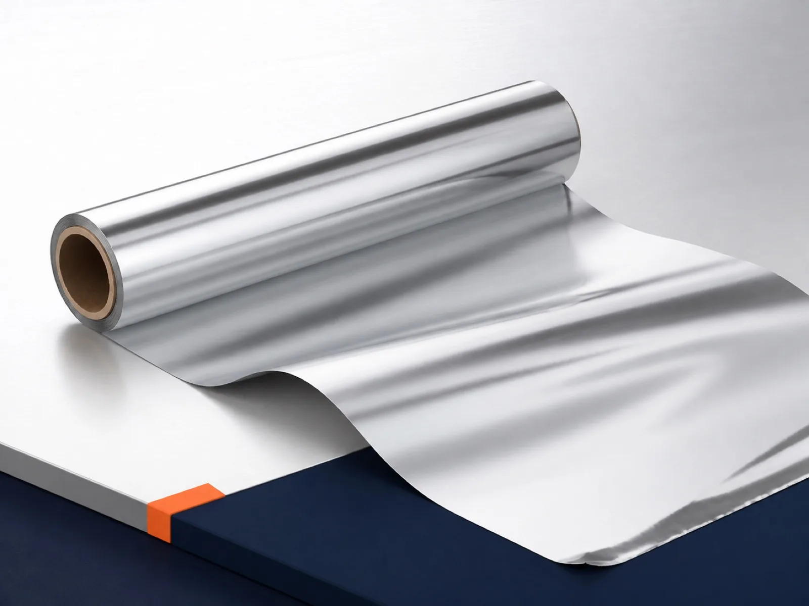 Polished aluminium foil roll partially unrolled